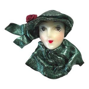 Vintage Art Deco Face Brooch Pin Woman Green Flapper 2.25" Tall